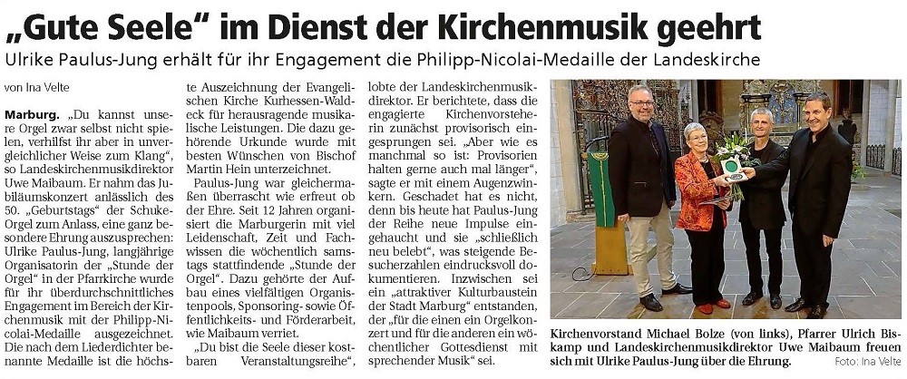 Übergabe der Philipp-Nikolai-Medaille an Ulrike Paulus-Jung, Zeitungsausschnitt aus der Oberhessischen Presse vom 4. November 2019