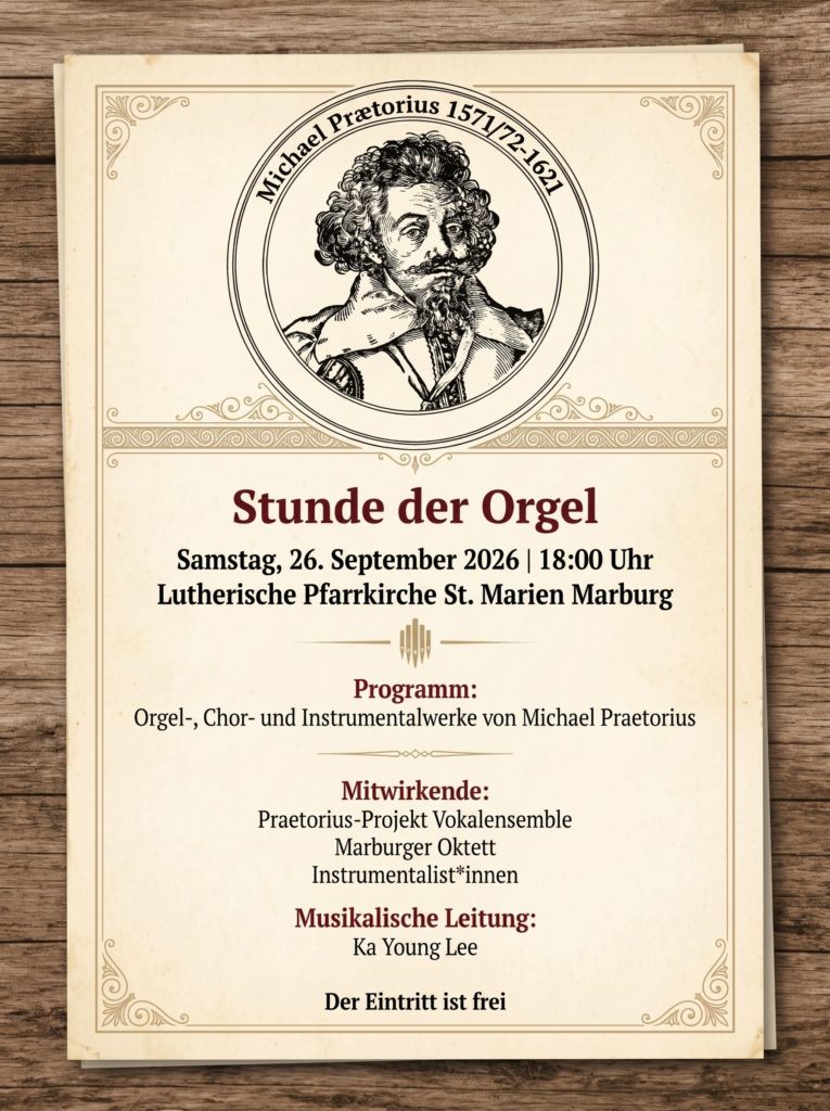 Handzettel mit Foto von Michael Praetorius und Informationen zum Konzert.